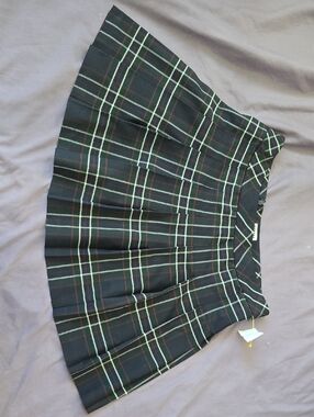 Sunday Best Navy Plaid Pleated Skirt with Green Accents